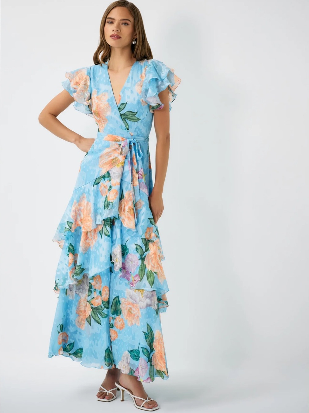 hutch rhetta blue & orange floral print ruffled tiered wrap maxi sun dress small